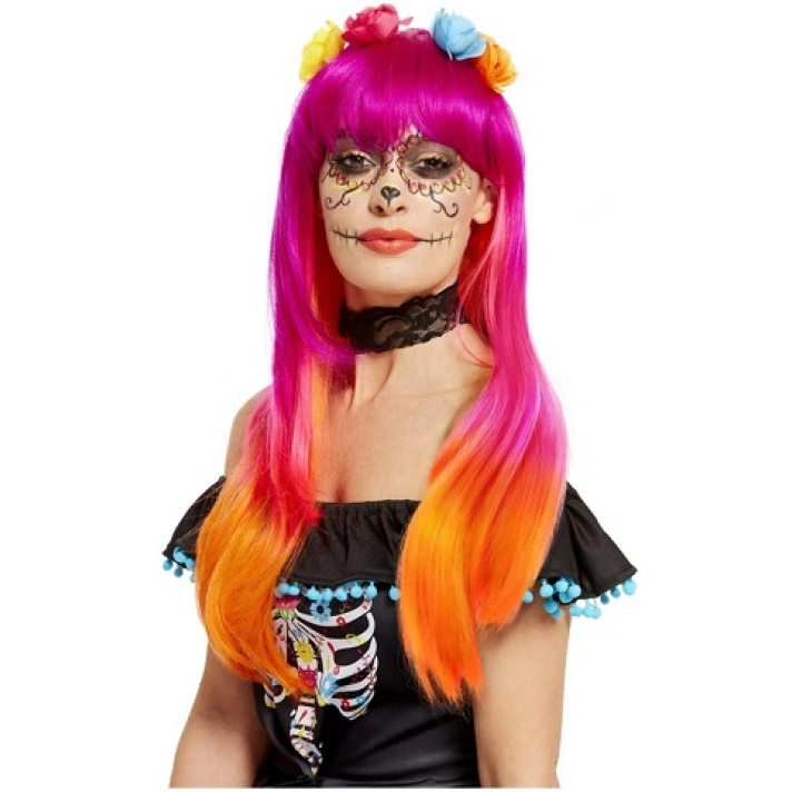 Day Of The Dead Wig Pink And Orange