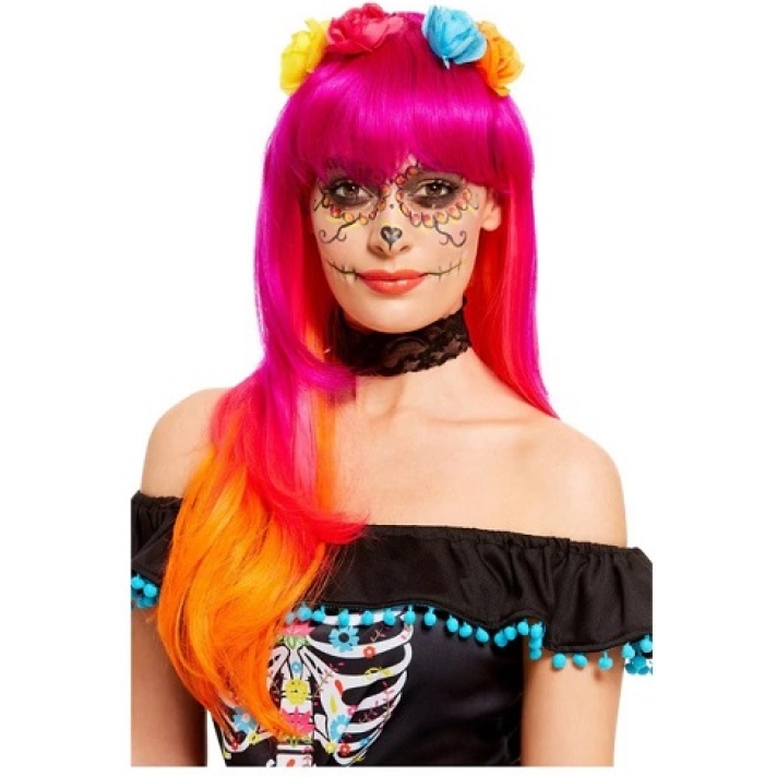Day Of The Dead Wig Pink And Orange