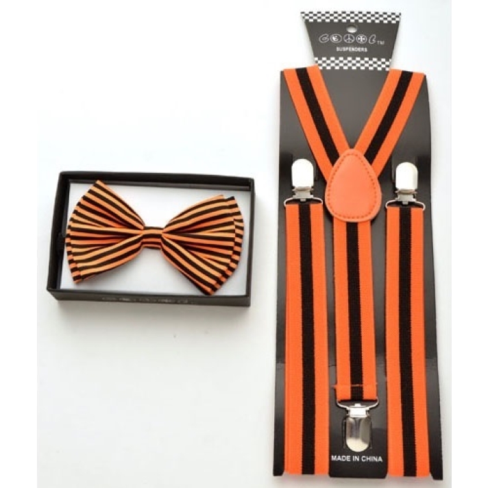 Orange And Black Striped Braces And Bow Tie Set