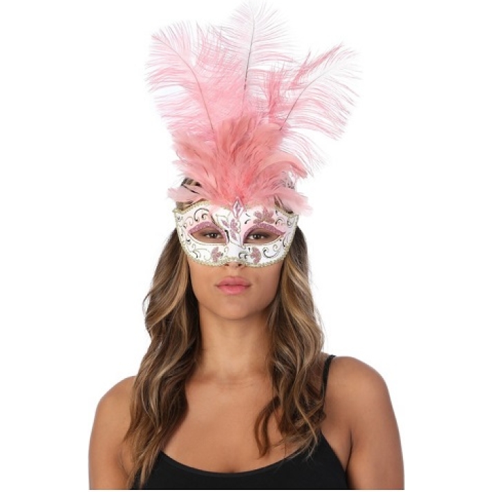 Pink And White Tall Feather Eye Mask